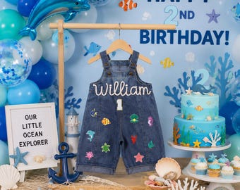 Custom Embroidered Baby Name Outfit, Personalized Kids Chenille Letter Patch Denim Romper, Baby Jean Overalls With Name, Birthday Party Gift