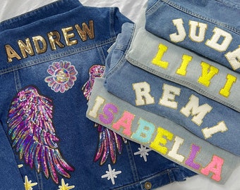 Veste en jean personnalisée avec patchs pour enfants, veste en jean personnalisée avec lettre en chenille pour tout-petits et tout-petits, cadeau veste avec patch pour garçons avec nom