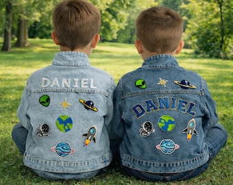 Personalized Kids Patchs Jean Jacket, Custom Girls Toddler Chenille Letter Denim Jacket, Boys Patch Jacket With Name, Birthday Gift For Kids