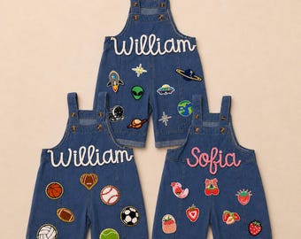 Custom Embroidered Baby Name Outfit, Personalized Kids Chenille Letter Patch Denim Romper, Baby Jean Overalls With Name, Birthday Party Gift
