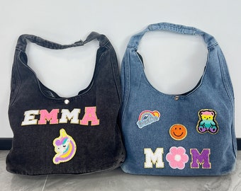 Custom Denim Tote,Personalized Beach Bag,Gifts for Woman, Denim Name Tote Bag with Chenille Patch,Teacher's gift,Mom's gift
