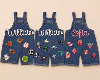 Custom Embroidered Baby Name Outfit, Personalized Kids Chenille Letter Patch Denim Romper, Baby Jean Overalls With Name, Birthday Party Gift