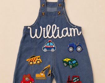 Custom Embroidered Baby Name Outfit, Personalized Kids Chenille Letter Patch Denim Romper, Baby Jean Overalls With Name, Birthday Party Gift