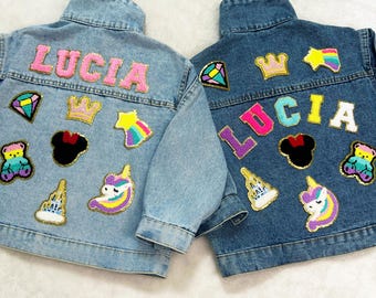 Personalized Kids Patchs Jean Jacket, Custom Girls Toddler Chenille Letter Denim Jacket, Boys Patch Jacket With Name, Birthday Gift For Kids