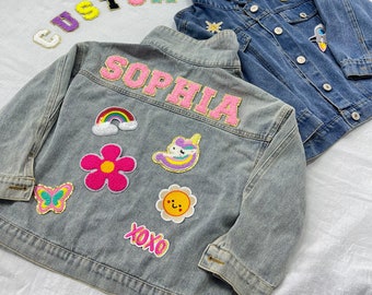 Chaqueta vaquera con parches personalizados para niños, chaqueta vaquera de chenilla con letras personalizada para niñas pequeñas, chaqueta con parches para niños con nombre, regalo de cumpleaños para niños