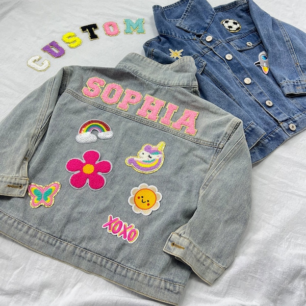 Gepersonaliseerde Kids Patchs Jean Jacket, Custom Girls Peuter Chenille Letter Denim Jacket, Boys Patch Jacket Cadeau met naam