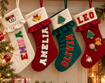 Velvet Christmas Stocking with Custom Chenille Name and Festive Patches, Ruffled Holiday Stocking for Children and Adults