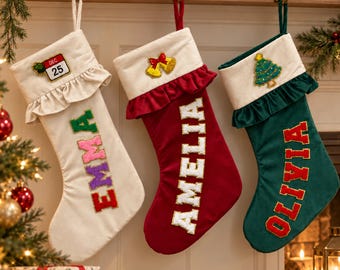 Personalized Velvet Family Christmas Stocking with Chenille Name Letters, Ruffle Cuff, Classic Holiday Mantel Decor