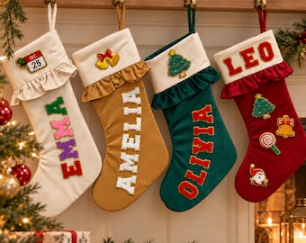 Personalized Velvet Christmas Stocking with Chenille Name, Ruffle Cuff and Holiday Patches, Custom Family Mantel Decor