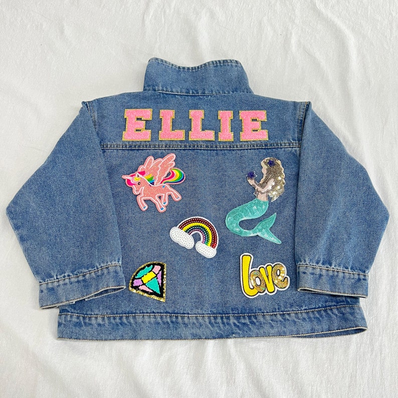 Personalized Kids Patchs Jean Jacket, Custom Girls Toddler Chenille Letter Denim Jacket, Boys Patch Jacket Gift With Name zdjęcie 4