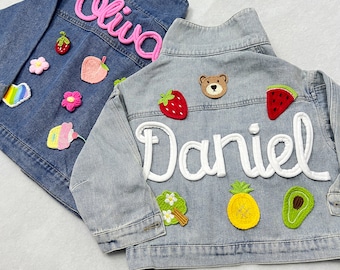 Personalized Kids Patchs Jean Jacket, Custom Girls Toddler Name Letter Jacket, Boys Patch Jacket With Name, Birthday Gift For Kids