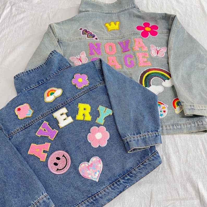 Personalized Kids Patchs Jean Jacket, Custom Girls Toddler Chenille Letter Denim Jacket, Boys Patch Jacket Gift With Name zdjęcie 5