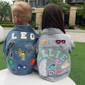 Chaqueta vaquera con parches personalizados para niños, chaqueta vaquera con letras de chenilla personalizadas para niñas pequeñas, chaqueta con parches para niños con nombre, regalo de cumpleaños para niños