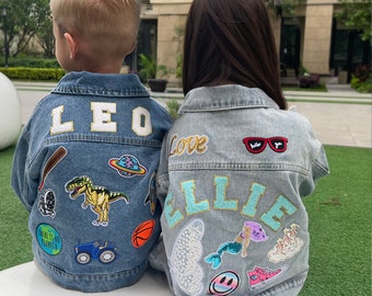 Veste en jean personnalisée avec patchs pour enfants, veste en jean personnalisée avec lettre en chenille pour tout-petits et tout-petits, cadeau veste avec patch pour garçons avec nom