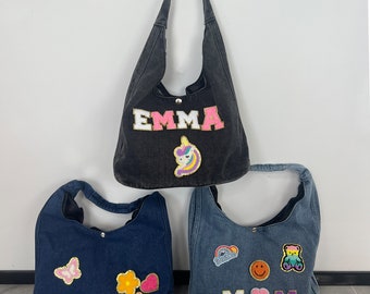 Custom Denim Tote,Personalized Beach Bag,Gifts for Woman, Denim Name Tote Bag with Chenille Patch,Teacher's gift,Mom's gift