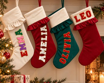 Custom Kids Velvet Christmas Stocking with Name Patches and Ruffle Cuff, Personalized Holiday Gift, First Christmas Keepsake