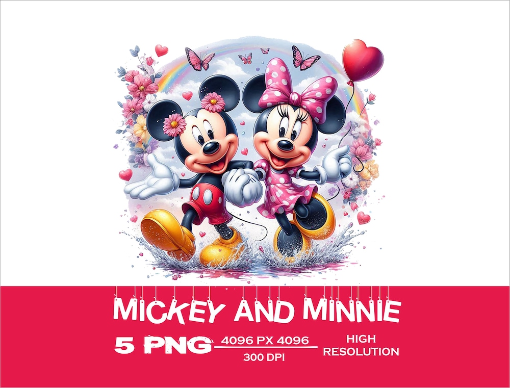 Snorider Design Mickey And Minnie Set Of 5 Png Watercolor Splash Png Digital Images For Printing, T-Shirts, High Digital Download -High Quality Png