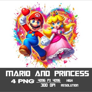 スーパーマリオプリンセス4枚セットPNG水彩スプラッシュPngデジタル画像印刷、Tシャツ、高解像度デジタルダウンロード-300DPI