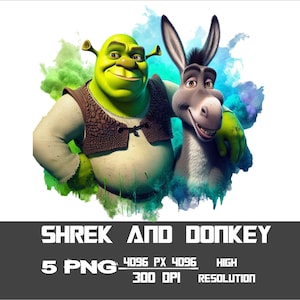 Shhrek e Ciuchino Set di 5 PNG Acquerello schizzi png Immagini digitali per la stampa, T-shirt, Download digitale ad alta qualità - PNG di alta qualità