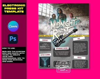 May include: A black and white press kit template for a band called Midnight Riot. The template features a photo of the band, their latest album cover, upcoming show dates, and contact information. The template is designed to be used by bands to promote their music and upcoming shows.