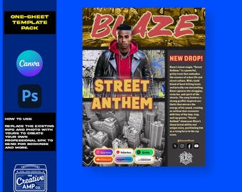Op de afbeelding: Een promotieposter voor een nieuw nummer genaamd "Street Anthem" van de artiest Blaze. De poster toont een foto van de artiest in een zwart leren jack en een rode hoodie, met een stadsbeeld op de achtergrond. De poster bevat de social media-handvatten van de artiest en links naar streamingplatforms.