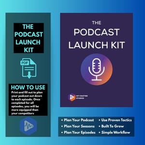 May include: A promotional graphic for "The Podcast Launch Kit." The design features text and icons on a gradient blue background. The kit includes a PDF and instructions on how to plan podcast episodes. Key features include planning podcasts, seasons, and episodes.