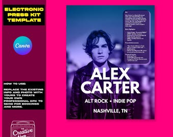 May include: A purple and blue graphic design template for an electronic press kit. The template features a photo of a young man with a black leather jacket, the text "ALEX CARTER", and the text "ALT ROCK INDIE POP NASHVILLE, TN".