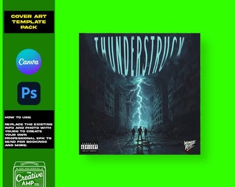 Può includere: Pacchetto di modelli per copertina di album con il titolo "THUNDERSTRUCK" in bianco, con un fulmine su una scena cittadina. Include i loghi di Canva e Photoshop e le istruzioni per l'uso. È visibile anche il logo di The Creative AMP Co.