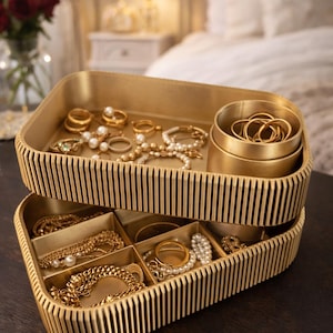 May include: Two-tiered gold jewellery organiser filled with various gold rings, bracelets, and necklaces. The top tray holds rings and bracelets, while the bottom tray has compartments for necklaces and other jewellery. A stack of gold bangles sits on the top tray.