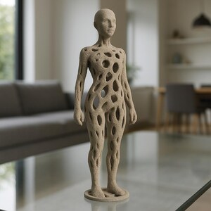 May include: A beige, hollowed-out sculpture of a human figure. The sculpture has a textured surface with numerous circular and oval openings throughout the body. It stands on a circular base and is displayed on a glass table.