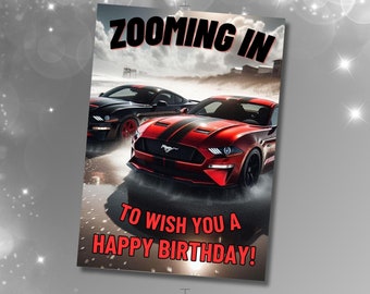 Tarjeta de cumpleaños del Mustang en movimiento: regalo para amantes de los autos (PDF imprimible)