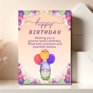 Biglietto di auguri di buon compleanno a tema gnomo stampabile, biglietto di auguri di compleanno a tema gnomo, scarica il biglietto di auguri di buon compleanno, biglietto d'auguri 5 x 7