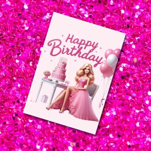 Modepuppe alles Gute zum Geburtstag druckbare Grußkarte, Mädchen rosa Geburtstagskarte, Puppen-Geburtstage, Modepuppe auf Karte, einzigartige Grußkarte
