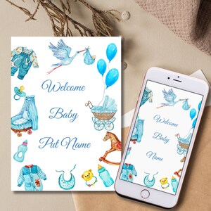 Adorable carte de voeux personnalisée pour bébé Bienvenue dans le monde, c'est un garçon, faire-part de bébé imprimable SXH4677, modification facile