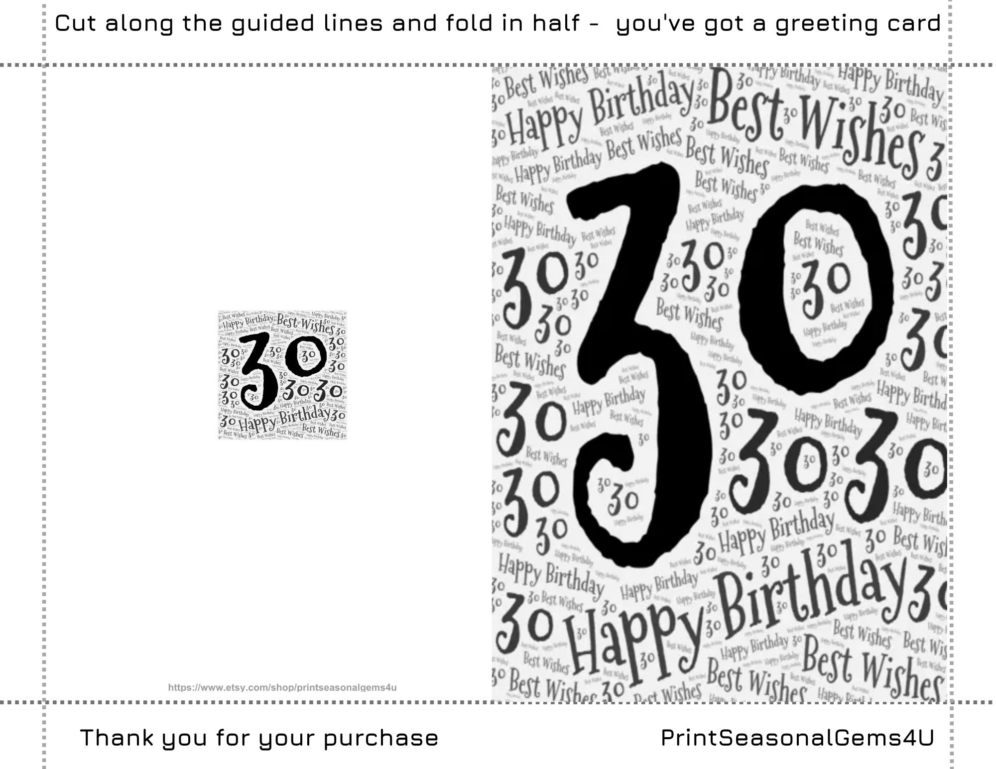 30th Birthday Card, Printable Birthday Card, Milestone Card, 30th ...