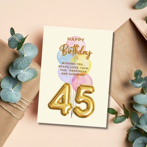 Cartão para impressão de feliz aniversário, 45º aniversário, 45 balões, comemoração do 45º aniversário, download, presentes de última hora