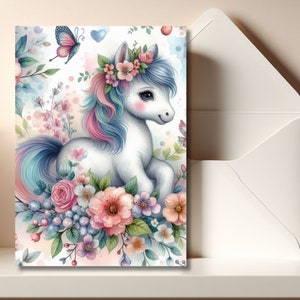 Kleurrijke Pony afdrukbare notitiekaart Pony en bloemen stationaire wenskaart Notitiekaart Mooie Pony Notecard Instant Download envelop