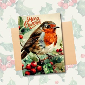 Carte de Noël traditionnelle à imprimer avec oiseau rouge-gorge, jolie carte de voeux rétro rouge-gorge pense à vous carte de Noël