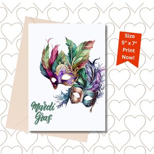 Druckbare Mardi Gras Watcolor Maskenkarte, detaillierte Mardi Gras Maske 5 x 7 Grußkarte