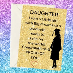 Tarjeta de graduación para hija imprimible. Estoy orgullosa de ti. Tarjeta de graduación de secundaria o universidad para hija. Graduación con significado sincero.