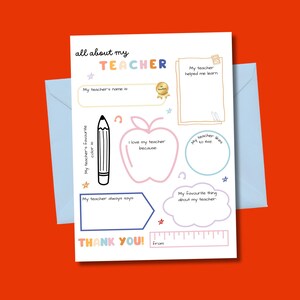 Over mijn leraar Afdrukbare kleurkaart Afdrukbare kaart Teacher Appreciation Vul de blanco in Geweldige lerarenkaart