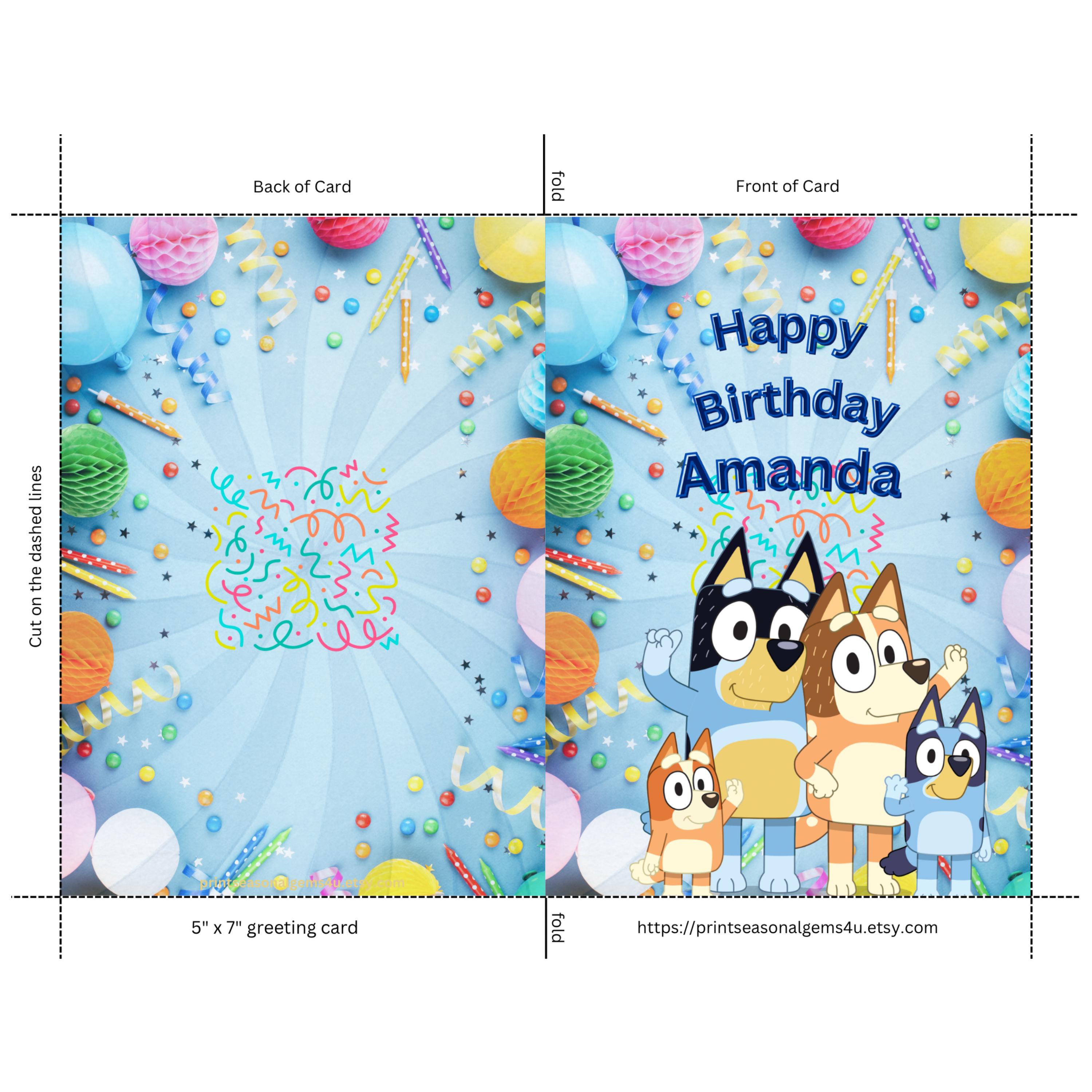 Personalized Bluey Dog Birthday Card (PDF)