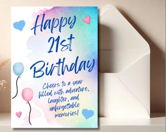 21st Birthday Card: Watercolor Design, Milestone Greeting (Printable)