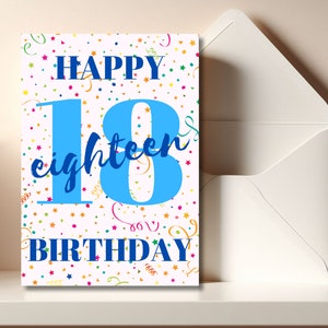Printable 18th Birthday Card Milestone Birthday Greeting Card Download 18th Birthday Card, Blue 18 and Streamers 5 x 7 Card