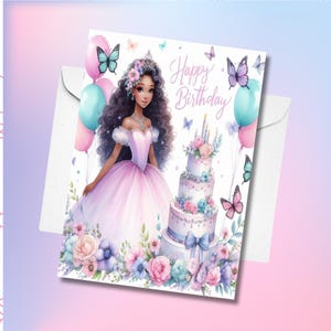 Printable Girl's Birthday Greeting Purple African American Fashion Doll Birthday Card F