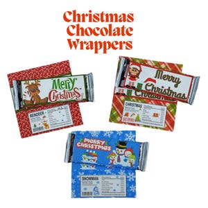 May include: Three rectangular chocolate bar wrappers featuring Christmas themes. One shows a reindeer, one a character in a festive outfit, and one a snowman. Each includes the text Merry Christmas and a nutrition facts label.