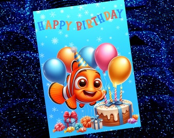 Tarjeta de cumpleaños imprimible de pez payaso Tarjeta imprimible Tarjeta para niños Tarjeta de cumpleaños de pez payaso bebé