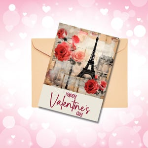 Tarjeta imprimible de San Valentín en París Tarjeta imprimible de feliz día de San Valentín para novia y esposa Tarjeta imprimible de la Torre Eiffel con rosas Tarjeta de San Valentín