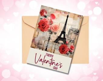 May include: A Valentine's Day card featuring a vintage Parisian scene with the Eiffel Tower and red roses. The card is in a beige envelope, set against a pink background with heart shapes. The card reads "Happy Valentine's Day".