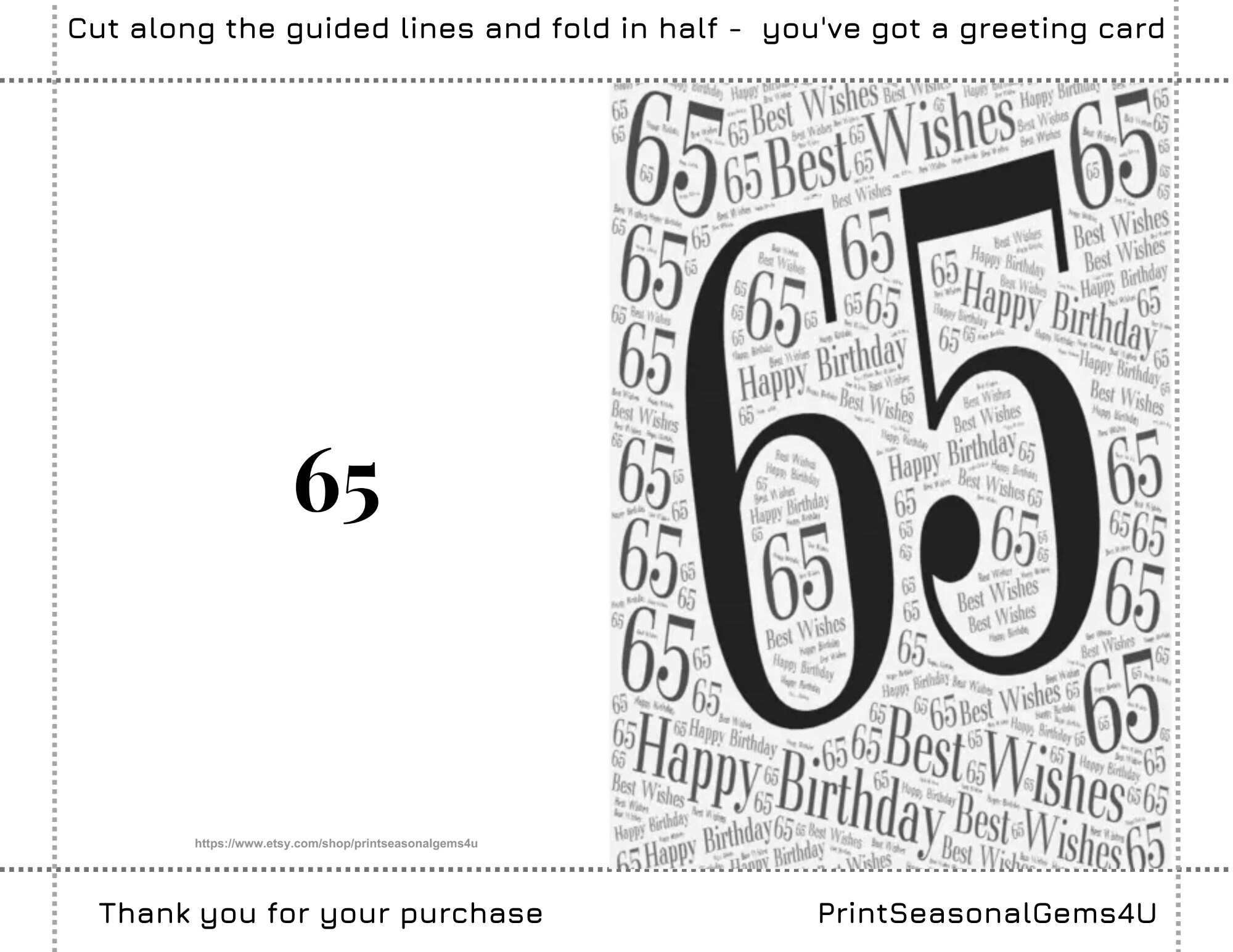 65th Birthday Card, Printable Birthday Card, Milestone Card, 65th ...